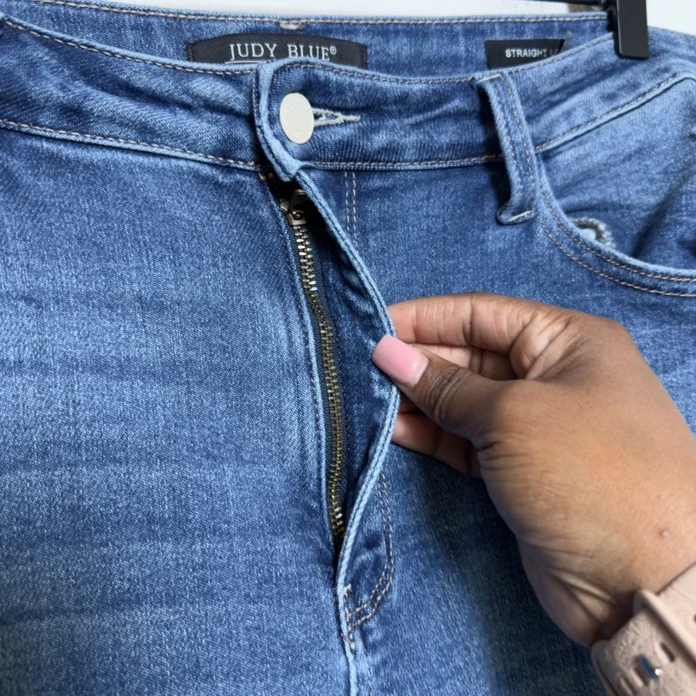 Judy Blue Women Jeans 15/32 Blue Rainbow Distressed Straight Leg Denim Stretch